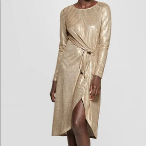NWT Who What Wear Gold Disco Front Tie Ribbed Long Sleeve Midi Dress *Flaw XS
